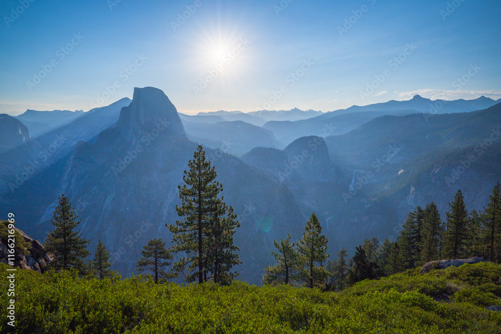 beautiful sunrise over half dome at glacier point in yosemite national park, california