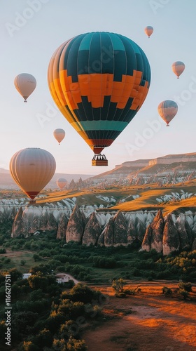 Majestic Hot Air Balloons in Cappadocia at Sunrise with Scenic Rock Formations and Vast Landscape for Adventure and Travel Enthusiasts Seeking Unique Experiences