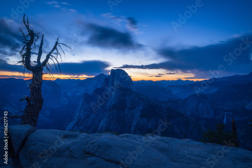 beautiful sunrise over half dome at glacier point in yosemite national park, california photo