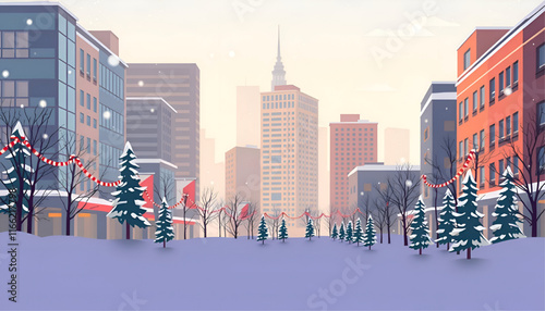 City park in winter, urban landscape in a geometric minimal flat style. New year and Christmas winter city among snowdrifts, falling snow, trees and festive garlands.