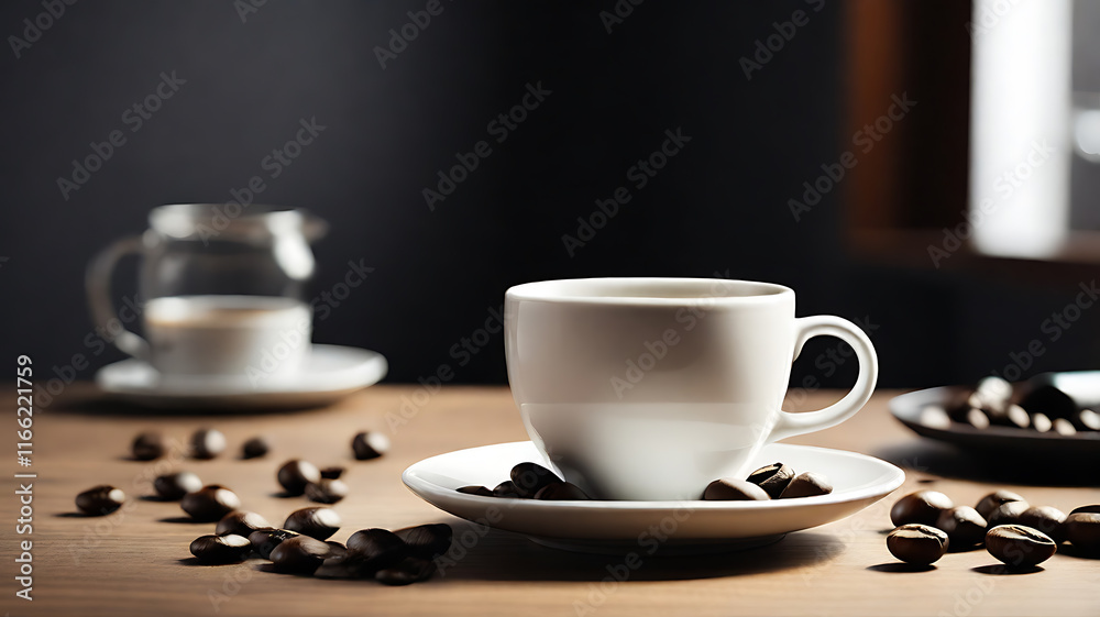 A minimal coffee setup with a white ceramic mug, a single saucer, and fresh coffee beans on a clean table A minimal coffee setup with a white ceramic mug, a single saucer, and fresh coffee beans on a clean table
