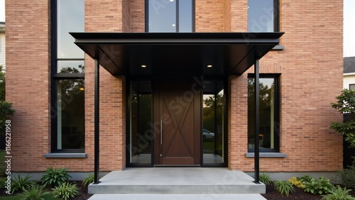 Modern façade with exposed brick walls, large black-framed windows, metal canopy above the entrance, and a dark wooden front door with a geometric design for a rustic yet contemporary style. photo