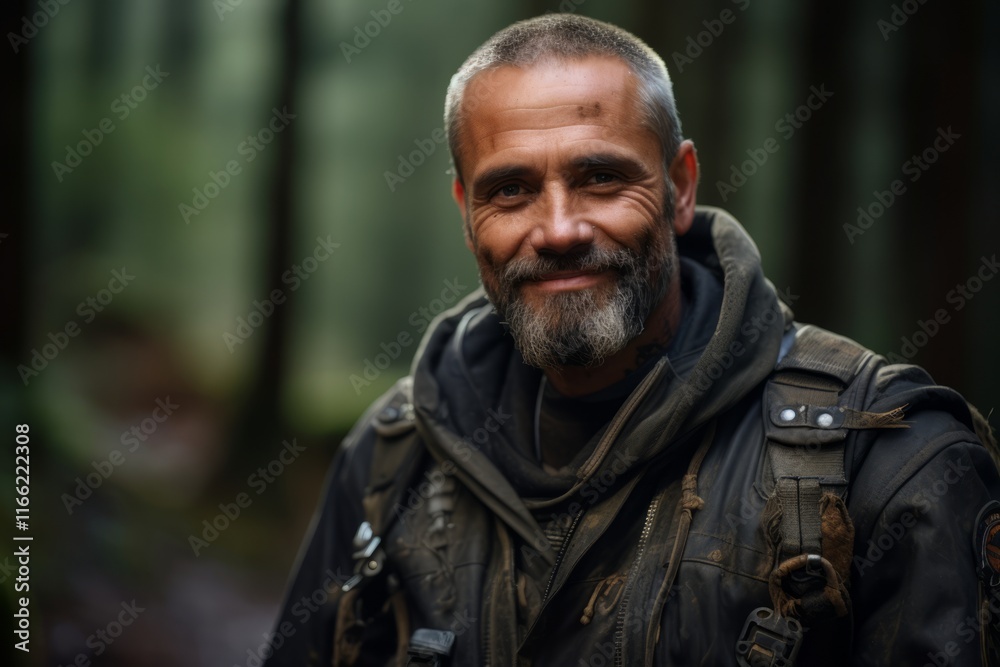 Portrait of a handsome mature man with a beard standing in the forest. Portrait of a handsome mature man with a beard standing in the forest.