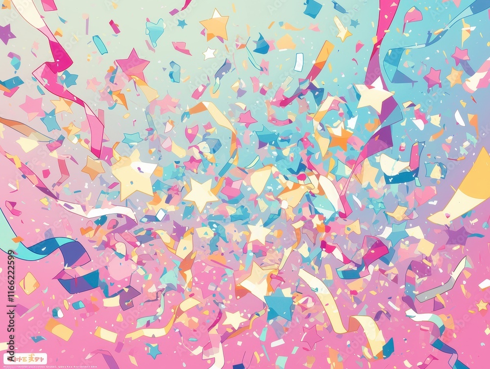 A vibrant explosion of colorful stars and confetti against a gradient background. A vibrant explosion of colorful stars and confetti against a gradient background.