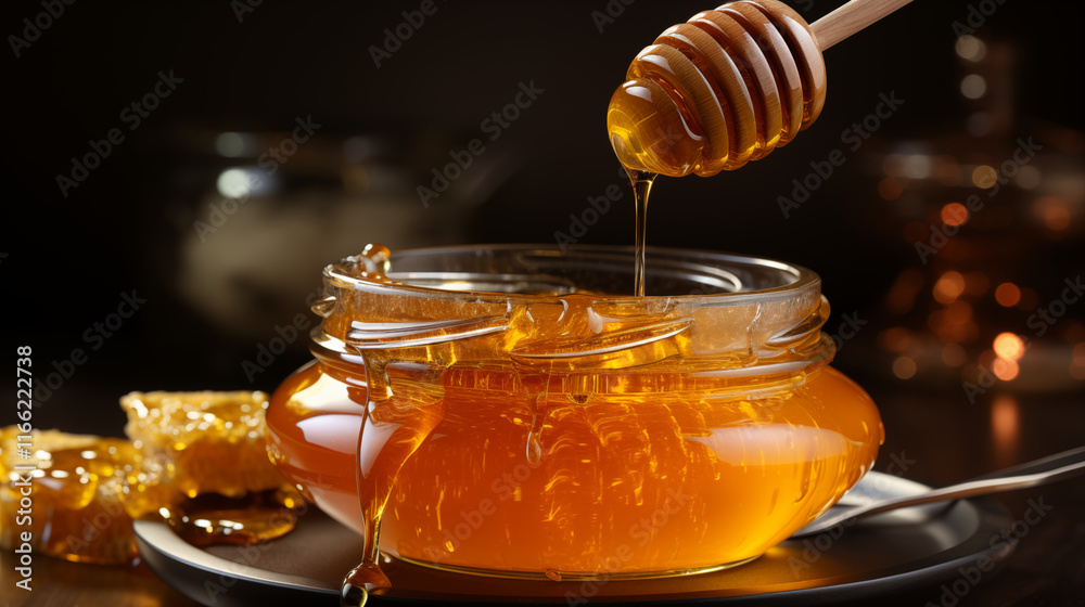 Transparent PNG of a glass jar with rich golden honey, ideal for food advertisements and packaging, studio view.