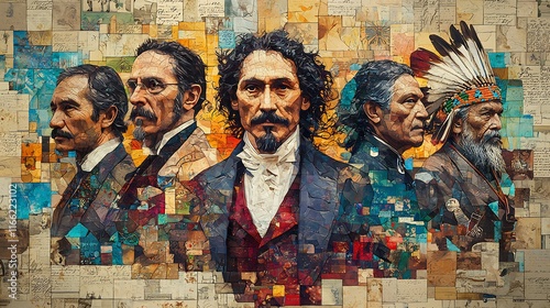 Artistic collage featuring philosophers like Rousseau Voltaire Hobbes Locke alongside indigenous leaders all contributing to the founding principles of American society