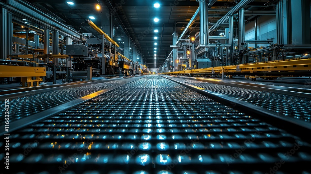 Naklejka premium Industrial interior with illuminated conveyor system.