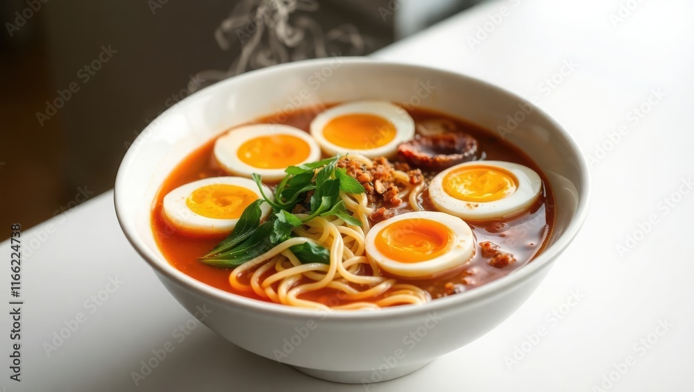 Steaming Bowl of Noodle Soup with Soft Boiled Eggs Steaming Bowl of Noodle Soup with Soft Boiled Eggs