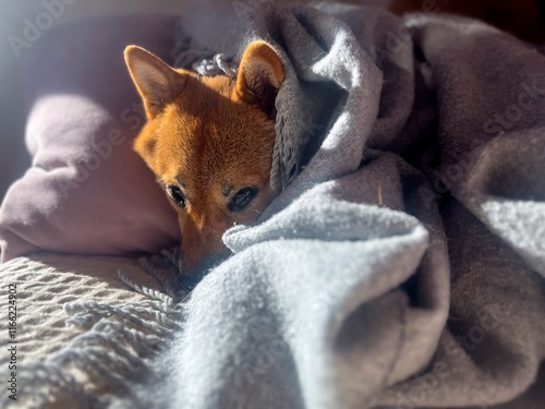 Wallpaper Mural Pensive Shiba Inu with a sorrowful expression, head nestled under a blanket. The mood is reflective and contemplative. High quality close-up photo. copy space available. Torontodigital.ca