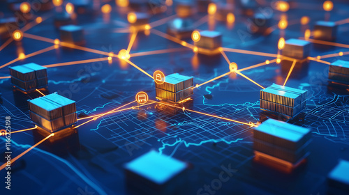 A 3D rendering depicts a global supply chain network. Numerous shipping containers are interconnected by glowing lines, illustrating efficient logistics and realtime tracking across a world map.