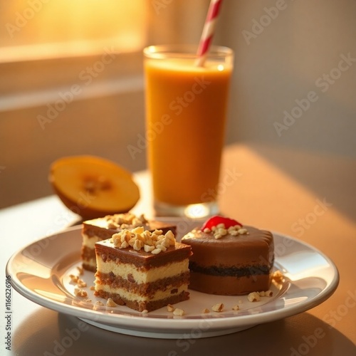 Delicious dessert sweets on a plate and a healthy smoothie.