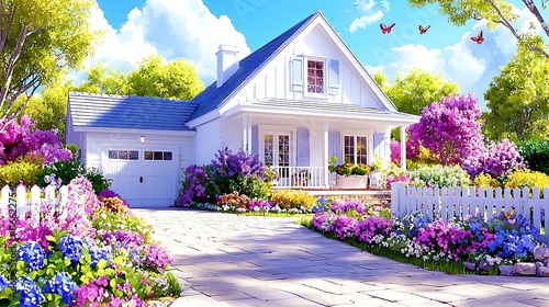 Idyllic white house with vibrant spring flowers, paved driveway, and picket fence.