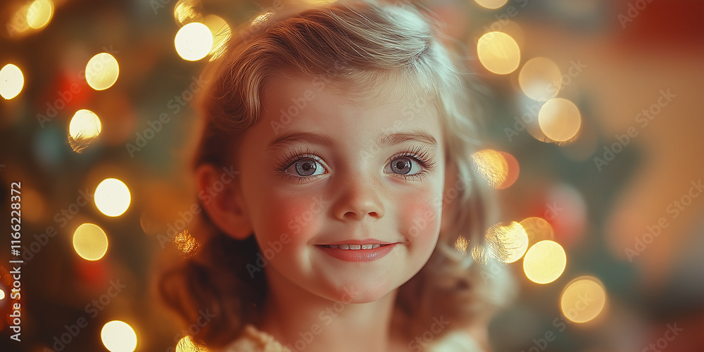Smiling girl, Christmas lights bokeh. Smiling girl, Christmas lights bokeh.