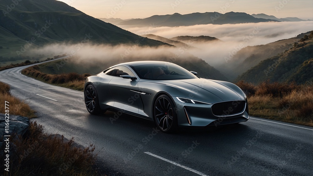 Fototapeta premium Serene Drive: Luxury Sports Car on Scenic Mountain Road at Dawn 