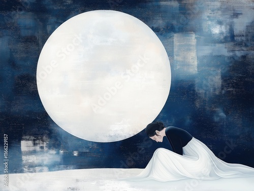 Woman sits under large moon in night. White dress flows around her. She is pensive, calm. Surreal cosmic art. Dreamlike tranquility of night. Emotional painting. Suggests peacefulness, deep thoughts. photo