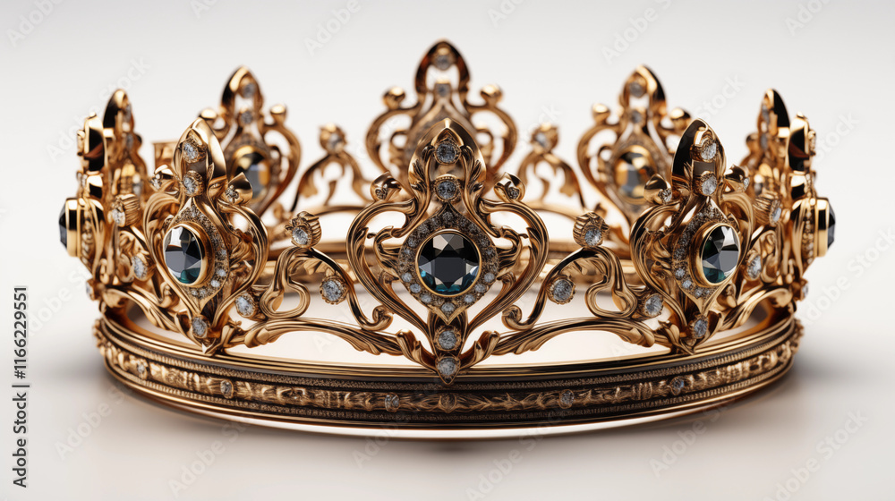 Elegant golden crown with intricate designs, symbolizing royalty, luxury, and grandeur, studio view. Elegant golden crown with intricate designs, symbolizing royalty, luxury, and grandeur, studio view.