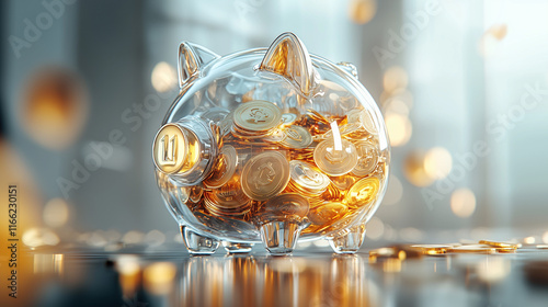 A glass piggy bank filled with glowing gold coins sits on a reflective surface. More coins float in the air, suggesting wealth and financial growth.  photo