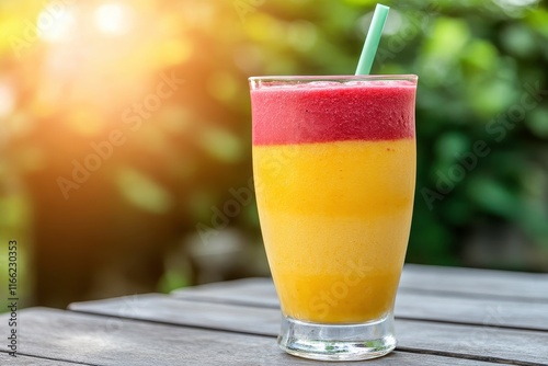 Refreshing Layered Fruit Smoothie with Bright Red and Yellow Colors in a Glass on a Wooden Table Surrounded by Lush Greenery in Background photo