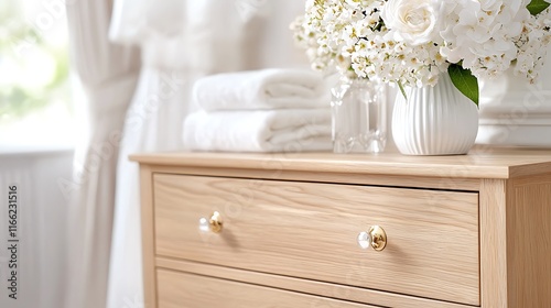 Wooden dresser with white flowers and towels in a bright bathroom.