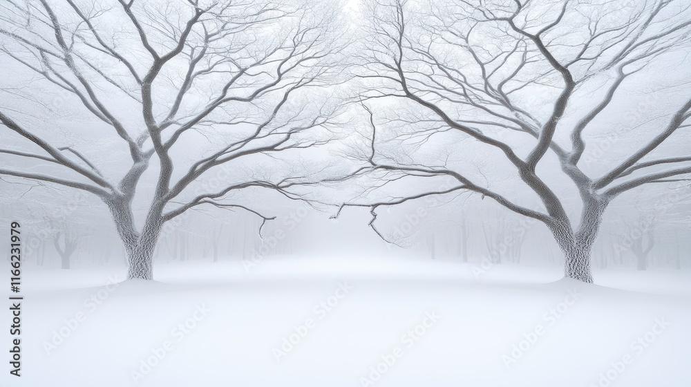 Majestic winter landscape with symmetrical snow-covered trees in a foggy forest Majestic winter landscape with symmetrical snow-covered trees in a foggy forest