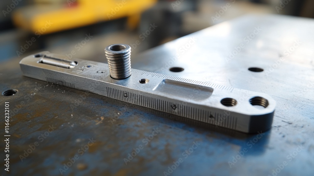 Precision Engineering: Close-up of a Machined Metal Gauge on a Steel Work Surface Precision Engineering: Close-up of a Machined Metal Gauge on a Steel Work Surface
