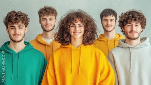 Group of smiling young adults in vibrant hoodies against neutral background