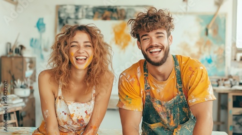 Joyful artists covered in paint laughing together in a studio