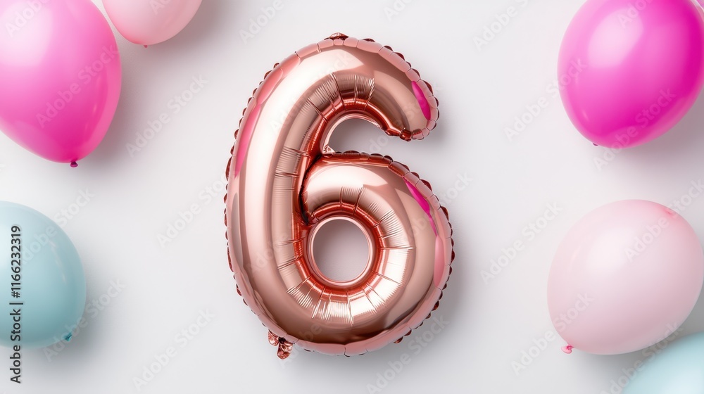 Rose gold number 6 balloon with pink and blue balloons on light background Rose gold number 6 balloon with pink and blue balloons on light background
