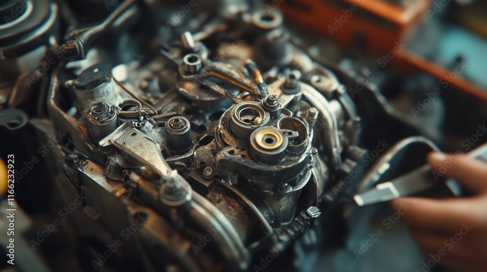 Close-up of a Disassembled Car Engine,  Revealing Intricate Mechanical Components and Details