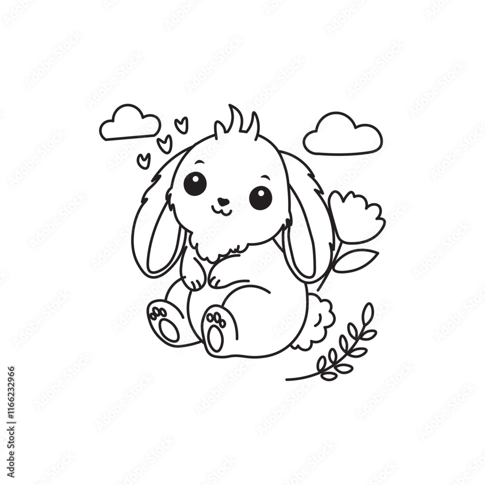 illustration of Black And White Coloring Book With Bold Lines, Cute Animal Bunny illustration of Black And White Coloring Book With Bold Lines, Cute Animal Bunny