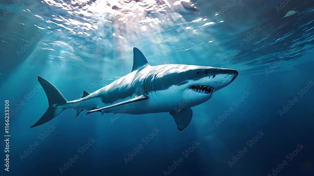 Great white shark swimming gracefully underwater with sunlight beams penetrating through the blue ocean Great white shark swimming gracefully underwater with sunlight beams penetrating through the blue ocean