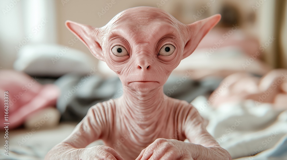 Adorable alien creature with big eyes in a cozy room setting Adorable alien creature with big eyes in a cozy room setting