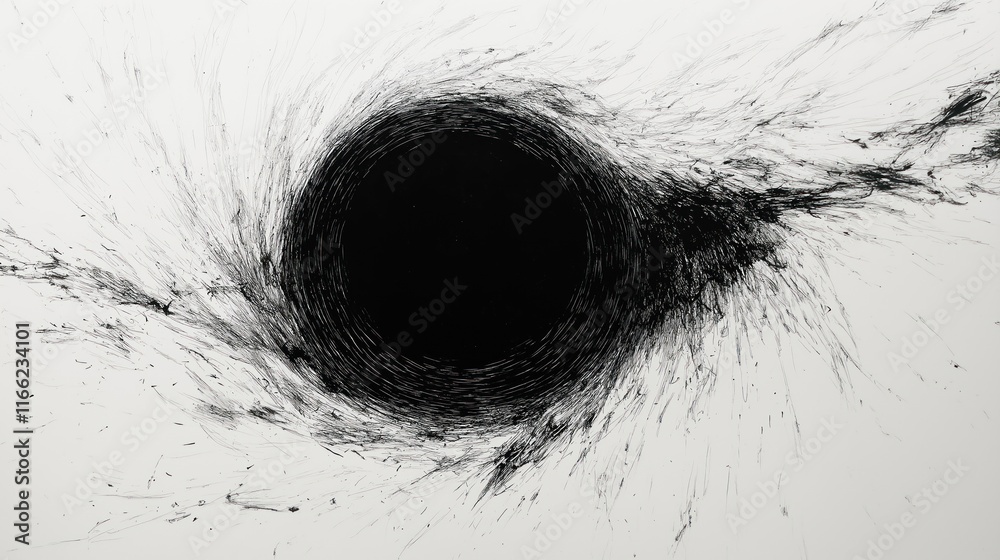 Fototapeta premium Abstract ink art illustration shows mysterious black hole portal in center. Dynamic lines, rough brushstrokes create textured effect. Visualizes concept of another dimension universe entrance. Simple