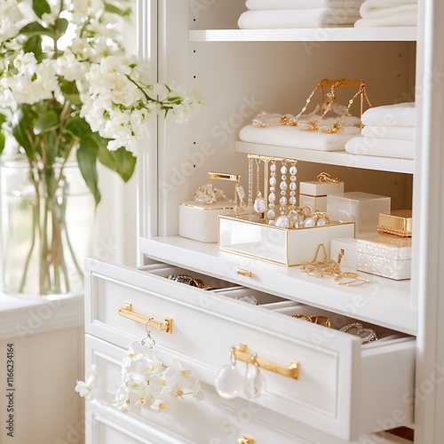 White armoire with gold hardware, jewelry, and white flowers.