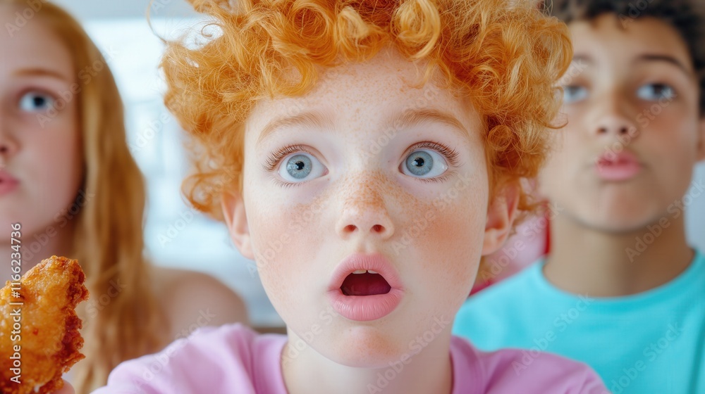 Astonished red-haired boy with friends watching unexpected event indoors Astonished red-haired boy with friends watching unexpected event indoors
