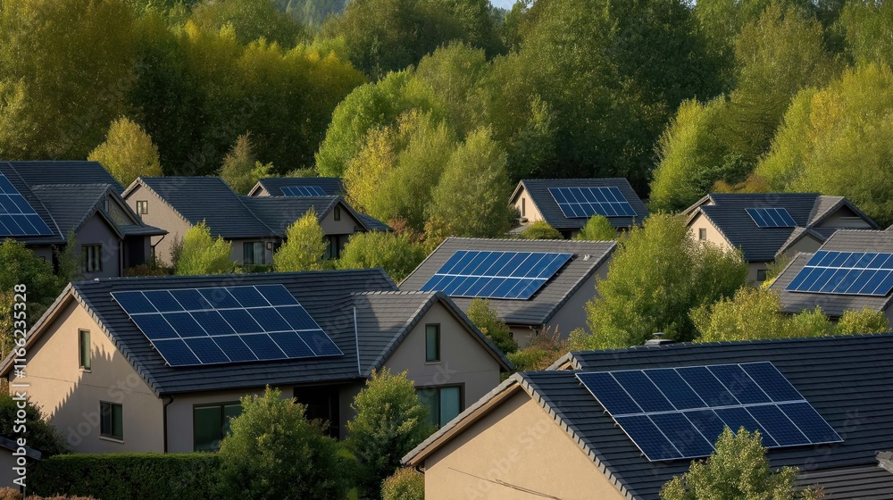 Suburban homes equipped with solar panels on roofs. Eco-friendly tech promotes renewable energy. Homes, trees visible in photo. Sustainable living. Alternative energy source. Residential houses with