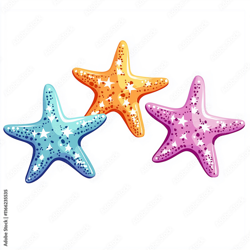 Three colorful starfish shining on transparent background Three colorful starfish shining on transparent background