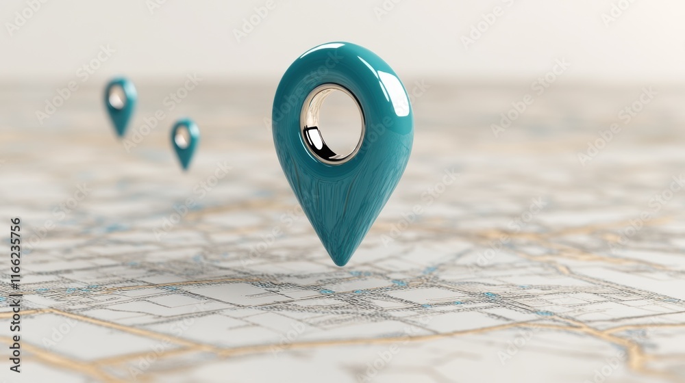 Stylized gps navigation markers on a detailed city map background Stylized gps navigation markers on a detailed city map background