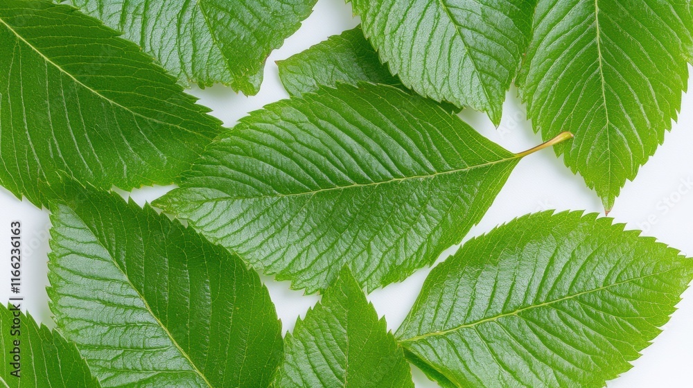 Close-up of fresh green leaves with detailed texture on a white background