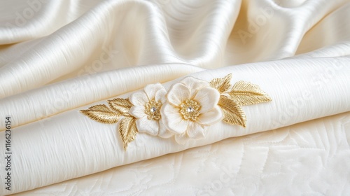 Elegant satin fabric with embroidered floral design in white and gold photo