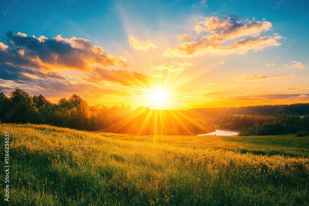 Aerial view of a summer sunset over a river in a green field with a forest and blue sky. A stunning landscape with trees and grassland. Beautiful nature background with a river at sunrise or dusk. Aerial view of a summer sunset over a river in a green field with a forest and blue sky. A stunning landscape with trees and grassland. Beautiful nature background with a river at sunrise or dusk.