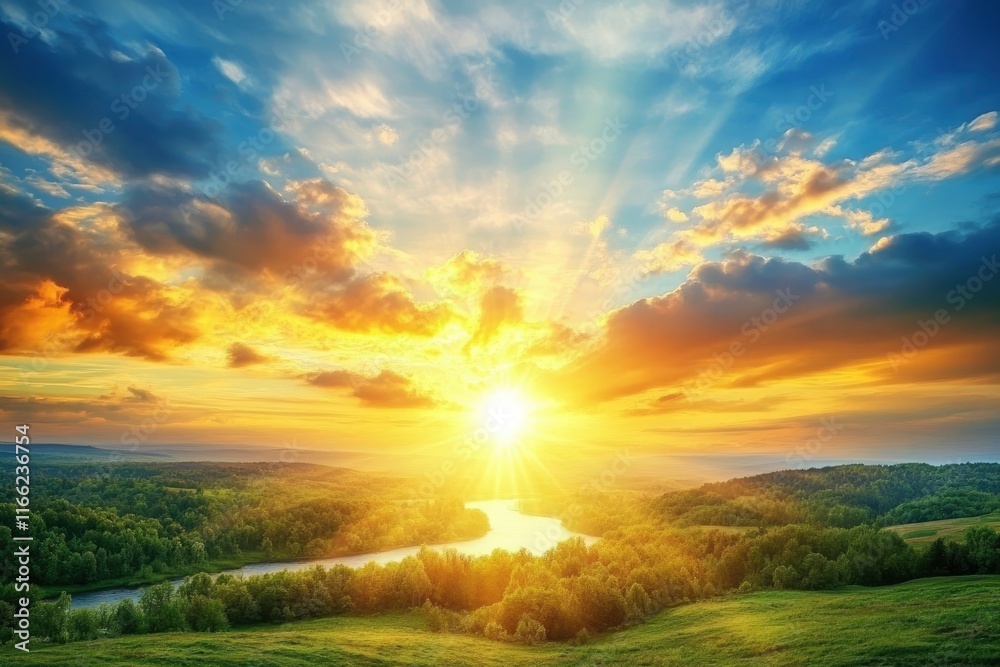 Aerial view of a summer sunset over a river in a green field with a forest and blue sky. A stunning landscape with trees and grassland. Beautiful nature background with a river at sunrise or dusk. Aerial view of a summer sunset over a river in a green field with a forest and blue sky. A stunning landscape with trees and grassland. Beautiful nature background with a river at sunrise or dusk.