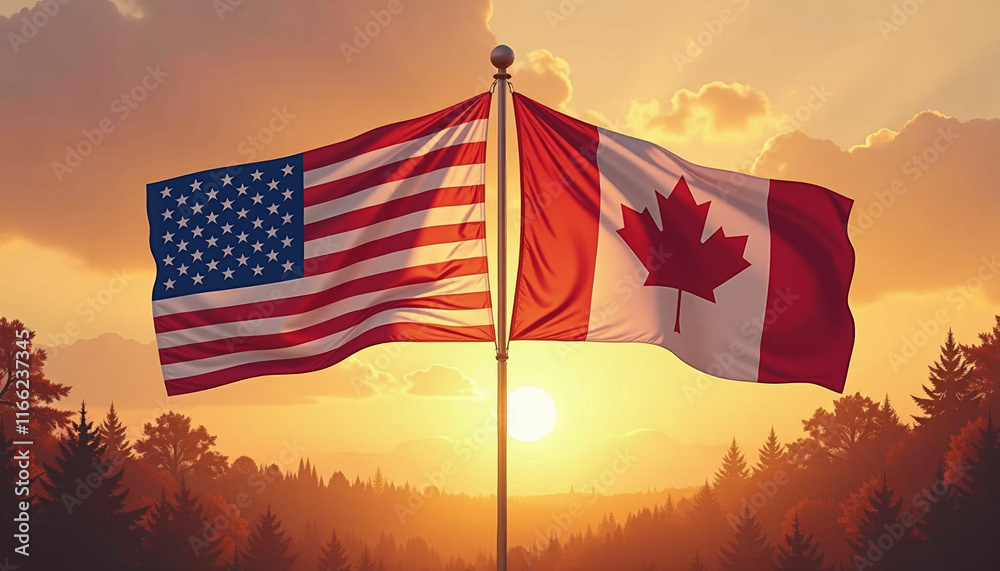 Obraz premium United States and Canada Flags at Sunrise