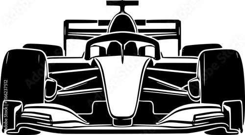 Front view of a black formula 1 car vector icon isolated on a transparent background.