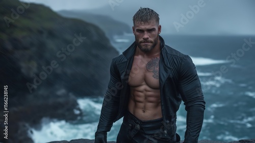 Rugged coastal warrior: bearded man in black amid stormy cliffs and ocean waves