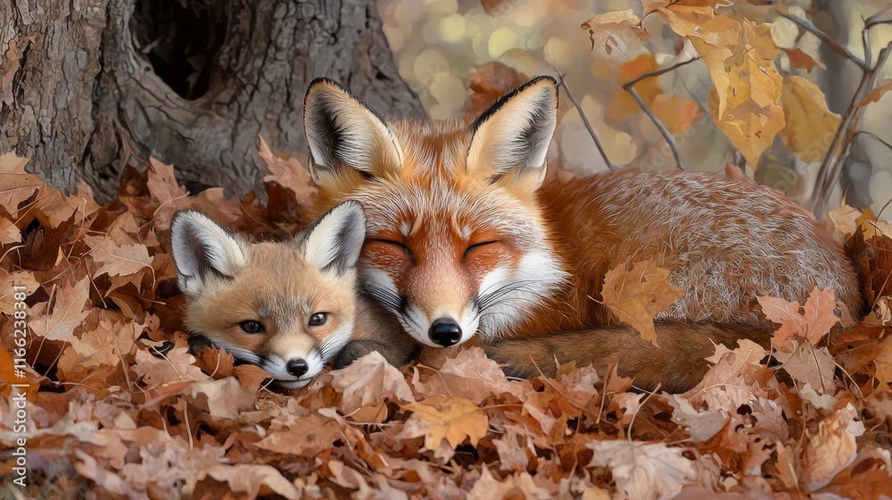 Naklejka premium Cozy foxes resting amidst autumn leaves in a forest setting