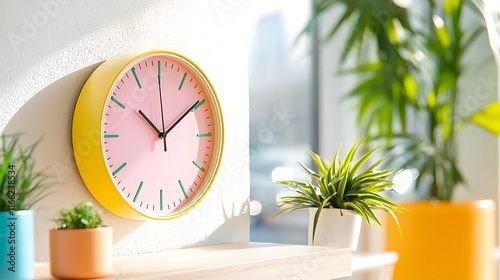 A pink and yellow wall clock hangs on a white wall, next to potted plants on a shelf in a sunlit room.