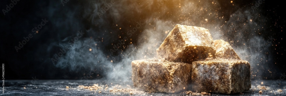 Obraz premium Golden brown sugar cubes in dramatic light with smoky background