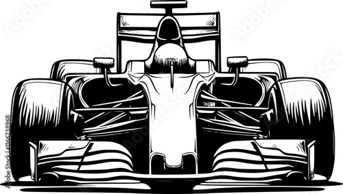Front view of a black formula 1 car vector icon isolated on a transparent background.