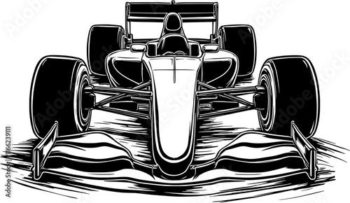 Front view of a black formula 1 car vector icon isolated on a transparent background.